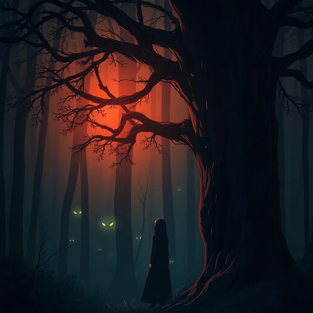 A mysterious shadowy figure, Kagami Tsukuya, looking down at Rin Shindo from a tree, surrounded by a dark enchanted forest with eerie glowing eyes watching, dramatic lighting, deep shadows, digital painting, high quality