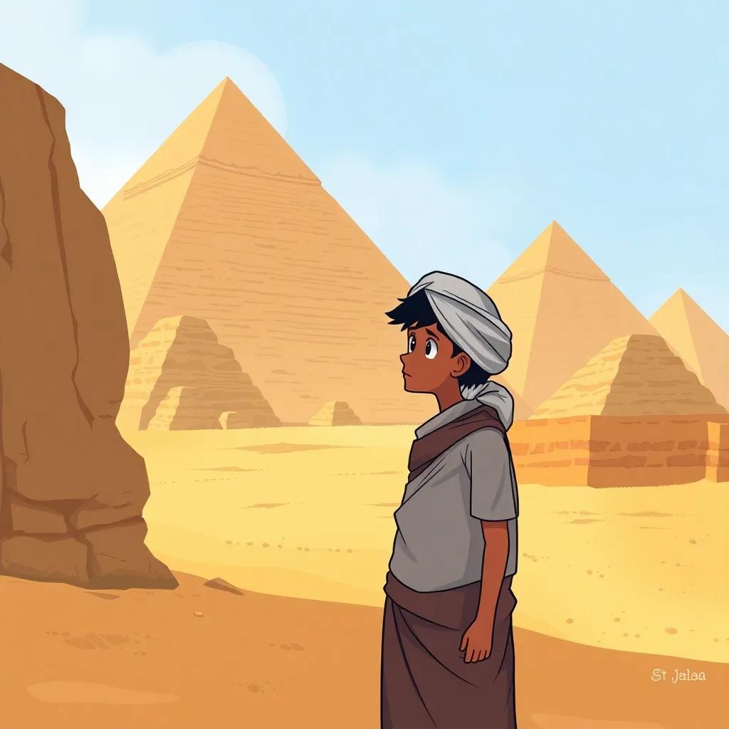 A lonely Arab poet, Jalaal, with short black hair, wearing a traditional turban, standing before the majestic pyramids of Egypt, looking contemplative and sad, golden sands and blue sky around him, realistic, emotional, quality artwork