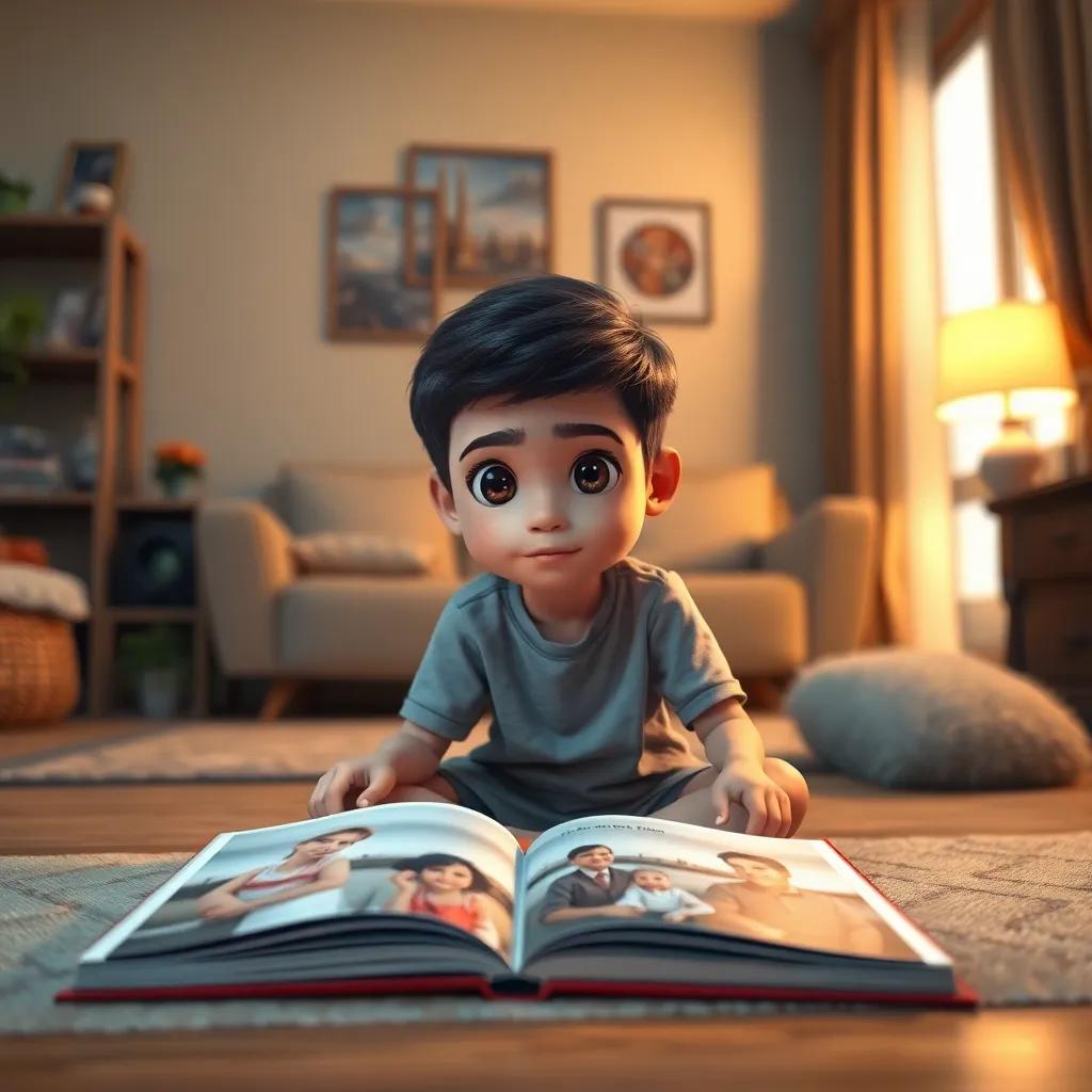 A young Arab boy, Yusuf, with short black hair, wearing a t-shirt and shorts, sitting on the floor of the living room with a family photo album open in front of him, digital art, cozy atmosphere, soft light, warm colors, eye-level perspective, high quality
