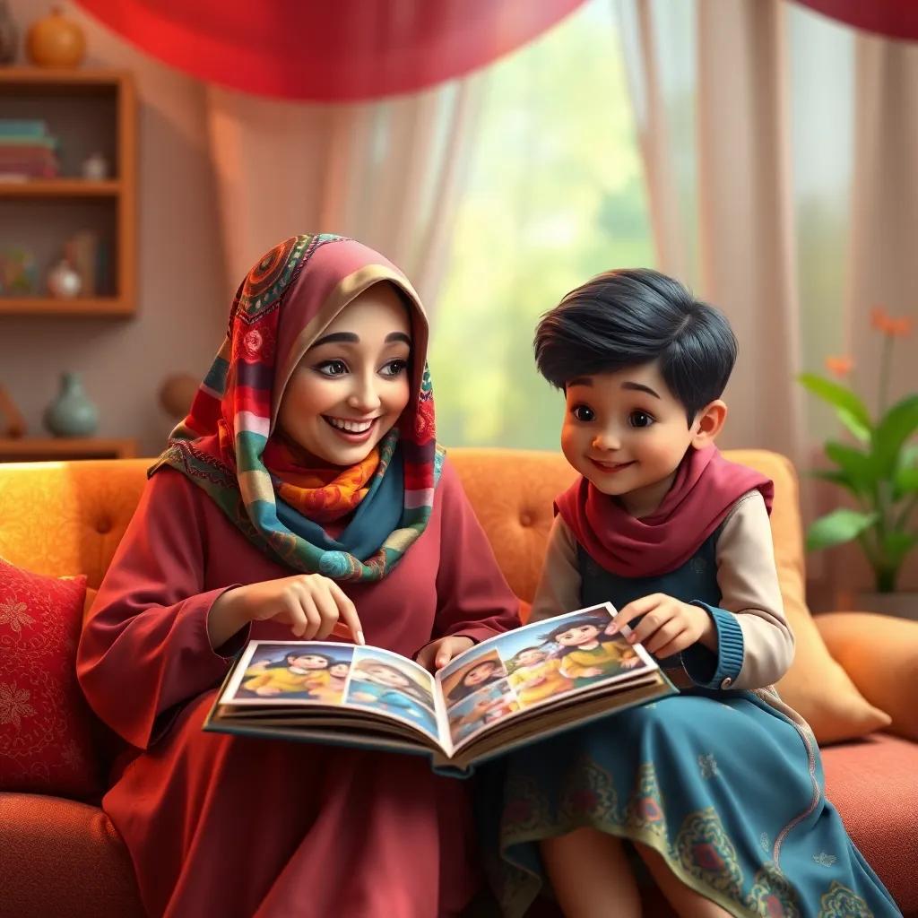 A warm scene of a mother, a Middle-Eastern woman in her 30s wearing a colorful hijab and a comfortable dress, sitting beside Yusuf and pointing at photos in the album with a smile, vibrant colors, inviting ambiance, heartwarming