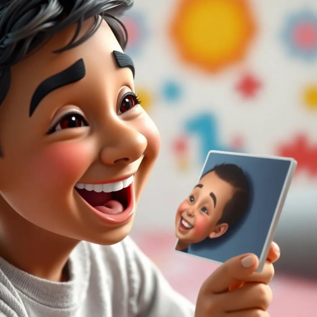 A close-up of Yusuf laughing while looking at a baby photo of himself, showing joy and surprise, digital art, cheerful background, bright colors, high quality