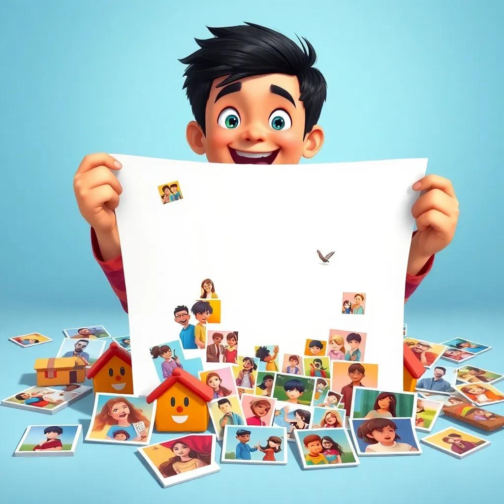 Yusuf excitedly holding a large sheet of paper, with colorful family photos scattered around him, ready to create a family collage, bright and playful, engaging colors, high quality