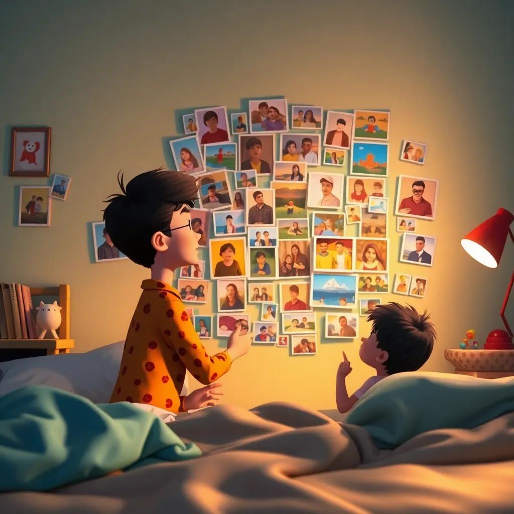 An artistic view of the family collage being created by Yusuf and his mother, filled with pictures and memories, hanging proudly on the wall of Yusuf's room, colorful and vibrant, warm light, child-friendly