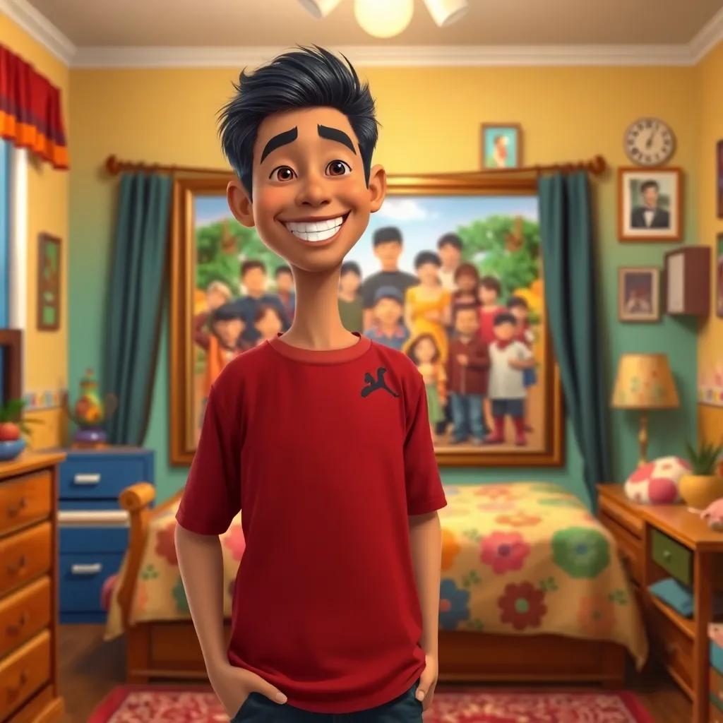 Yusuf standing in front of his new family collage in his bedroom, beaming with pride and happiness, colorful room, lively atmosphere, warm colors, high quality