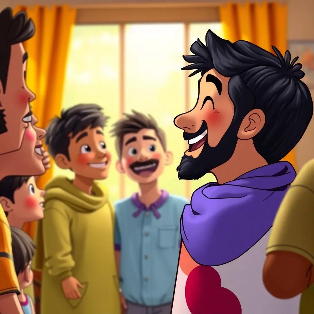 A side view of Yusuf sharing the family collage with his friends, with excitement in his expression, showcasing teamwork and joy, fun atmosphere, bright colors, high quality