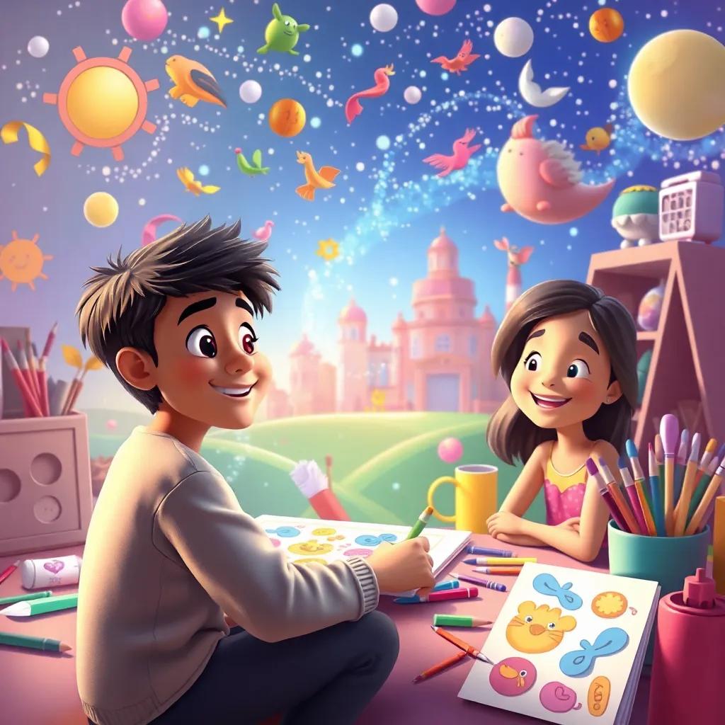 A magical scene where Yusuf dreams of making collages with his friends, surrounded by colorful art supplies and happy imagery, creative and vibrant, high quality