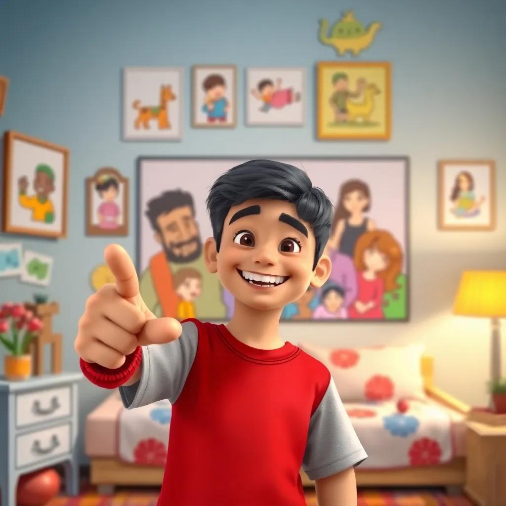Yusuf smiling at the viewer, pointing at his family collage with joy, his room decorated with colorful drawings, bright and cheerful, high quality