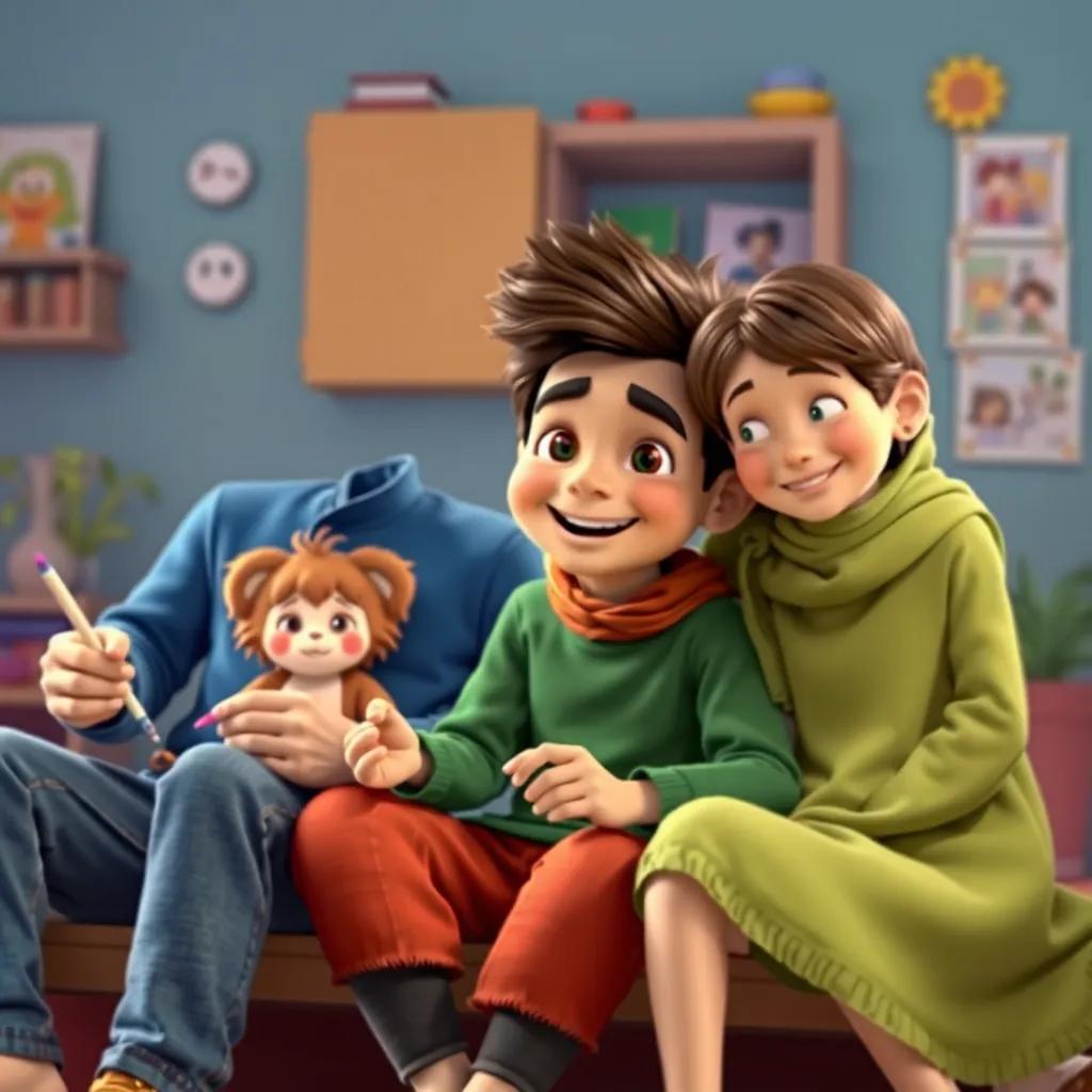 Yusuf happily sitting with his friends, all crafting family collages together, showing friendship and creativity, vibrant colors, engaging atmosphere, high quality