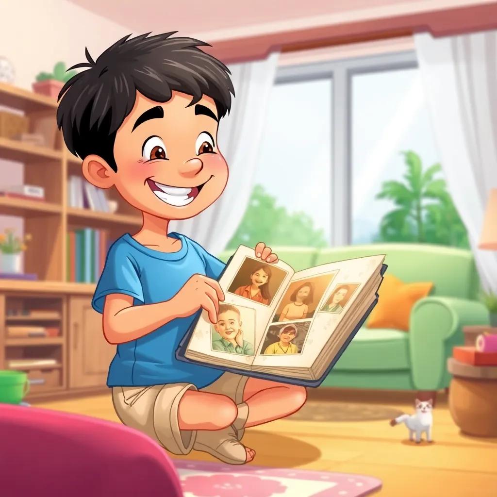 A cheerful boy, Youssef, with short black hair, wearing a blue t-shirt and beige shorts, opening an old photo album in a cozy living room, bright and inviting, digital art, colorful, heartwarming atmosphere, high quality
