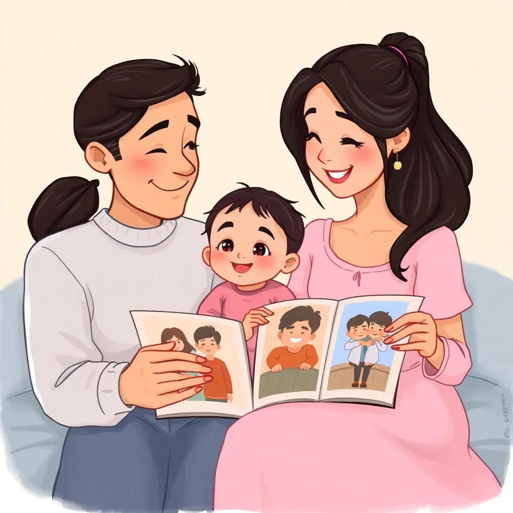 A loving mother, with long dark hair tied in a ponytail, wearing a pink dress, sitting beside Youssef, pointing at a picture in the photo album, a warm smile on her face, digital painting, soft lighting, cozy vibes, high quality