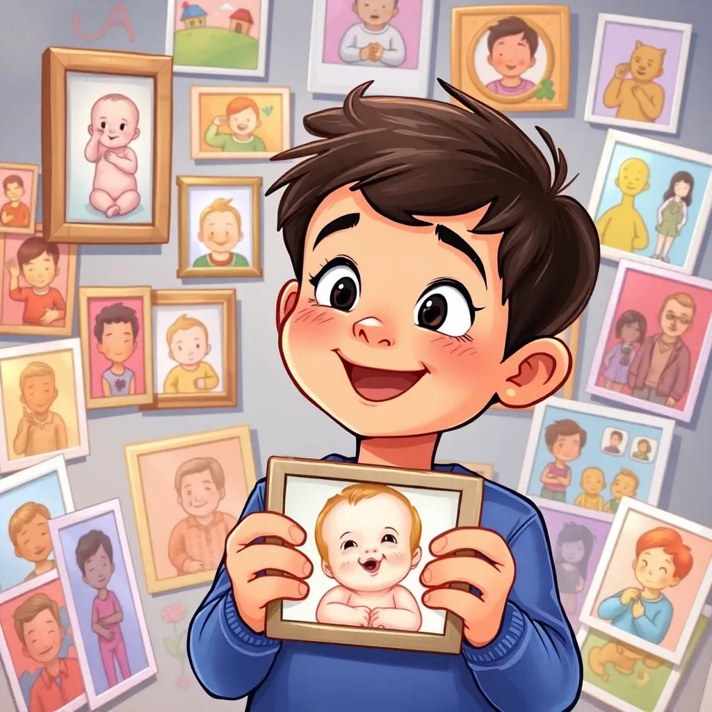 Youssef looking joyfully at a baby picture of himself, with curiosity in his eyes, surrounded by colorful memories displayed around him, cheerful, vibrant colors, storytelling view, high quality