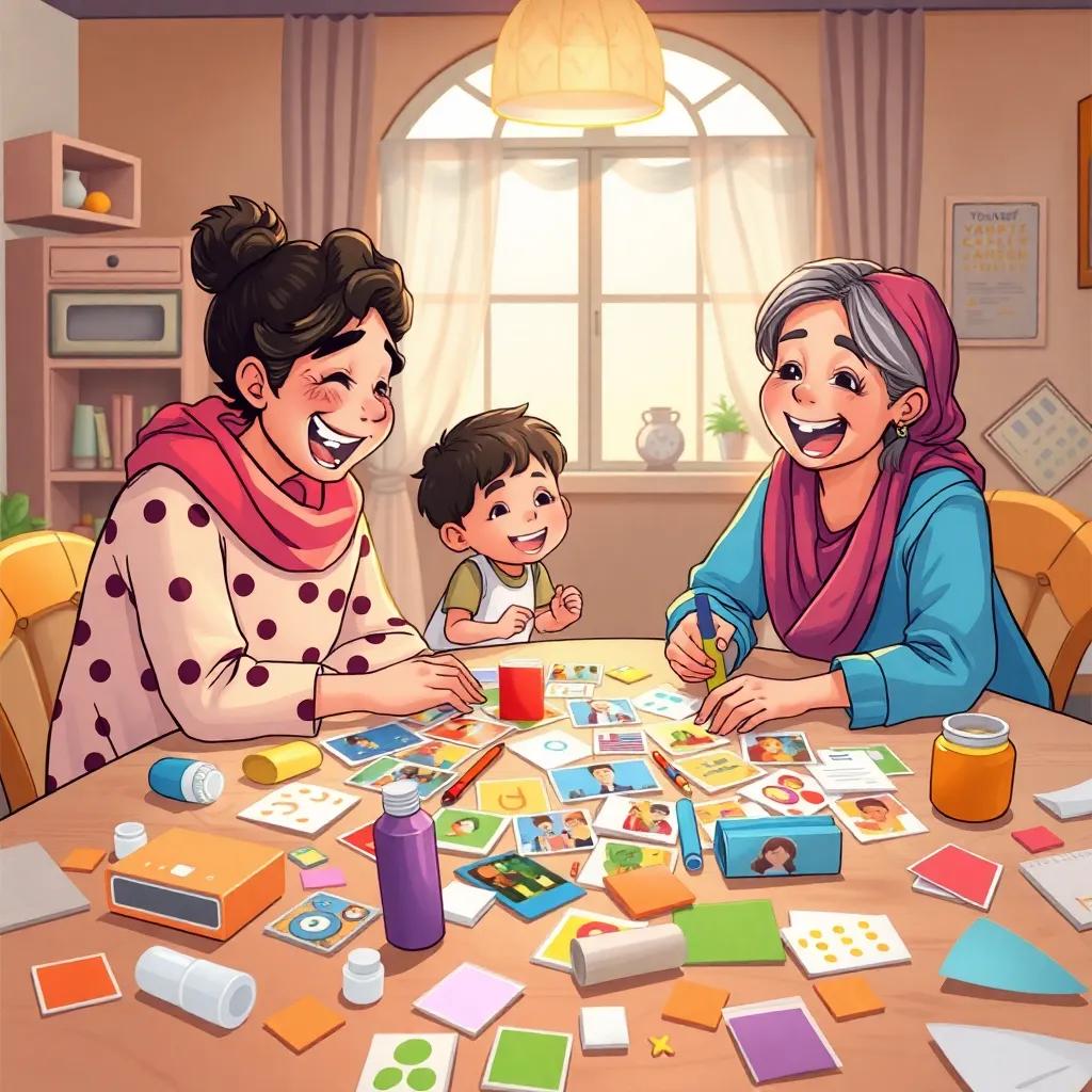 An engaging scene of Youssef and his mother creating a family collage, with colorful paper, glue, and pictures spread over a large table, filled with laughter and excitement, light-hearted atmosphere, digital art, vibrant colors, high quality