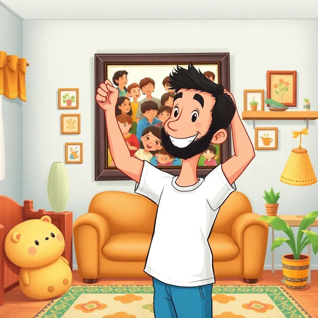 Youssef happily hanging the family collage on his wall, with a proud smile, the room filled with family warmth and memories, colorful and bright setting, heartwarming, high quality