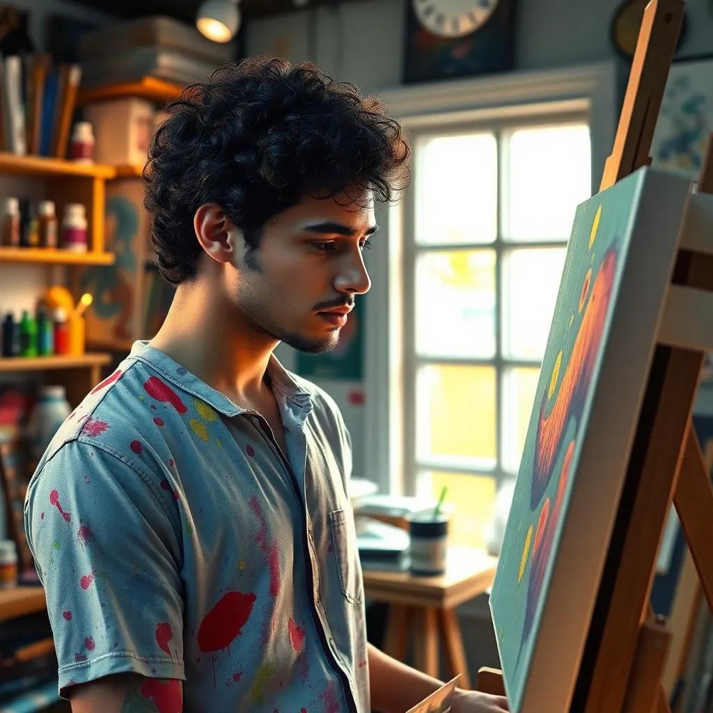 A small art studio with a male artist named Iyad, who has curly dark hair, wearing a paint-splattered shirt, focused on painting in his easel, colorful paints scattered around, warm light, inviting atmosphere, digital art, detailed, vibrant colors