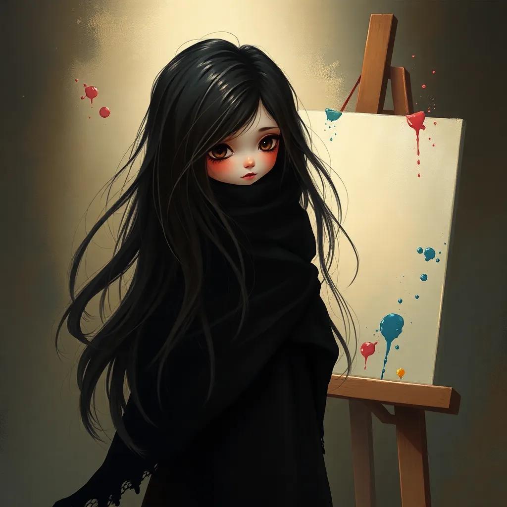 A mysterious girl with long, flowing dark hair wearing a black shawl, standing in front of Iyad's easel, her face hidden, surrounded by splashes of paint, soft light illuminating her figure, captivating scene, illustration, child-friendly