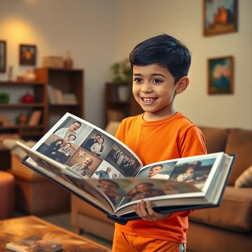 A young Arab boy, Youssef, with short black hair, wearing a bright t-shirt and shorts, excitedly opening a large old photo album in a cozy living room, warm lighting, inviting atmosphere, cheerful, high quality