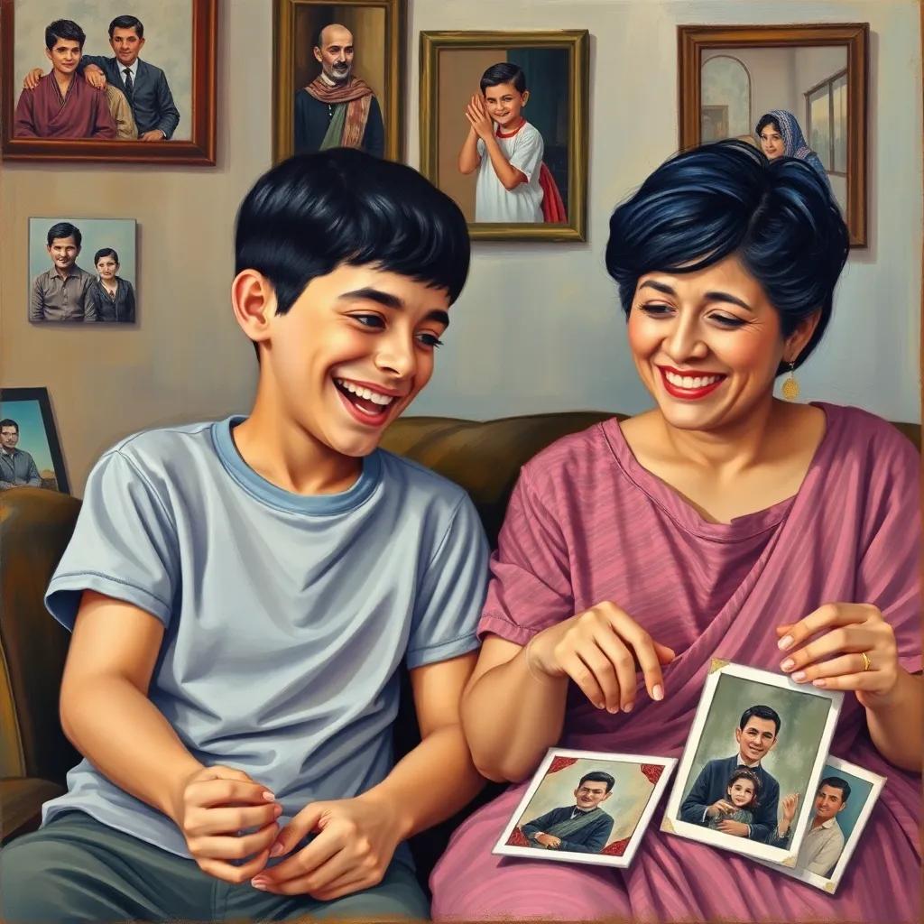 A young Arab boy, Youssef, with short black hair, joyfully sitting next to his mother, with a colorful t-shirt, as she points at old photographs, surrounded by family pictures, happy expressions, nostalgic vibe, detailed illustration