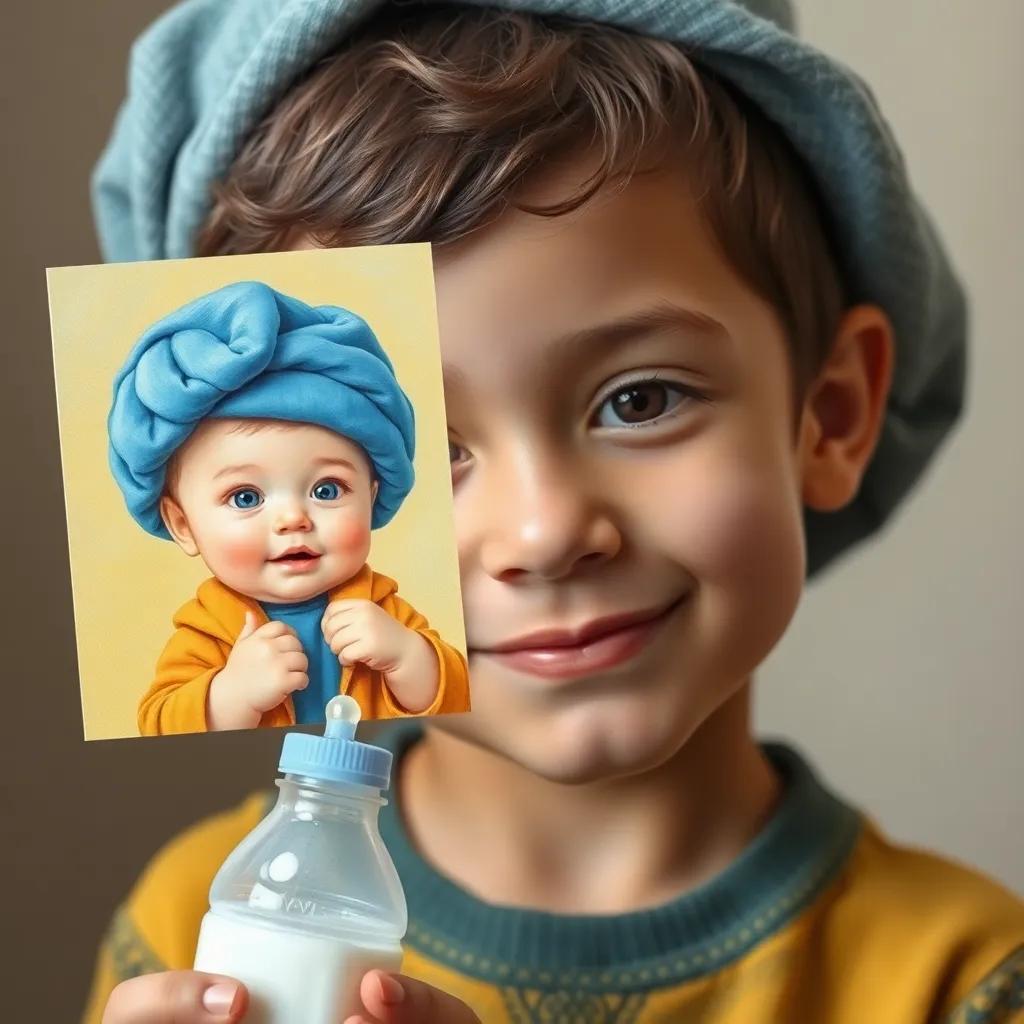 A young Arab boy, Youssef, looking at a funny baby picture of himself, wearing a blue hat and holding a milk bottle, playful and cheerful, bright colors, high quality visual