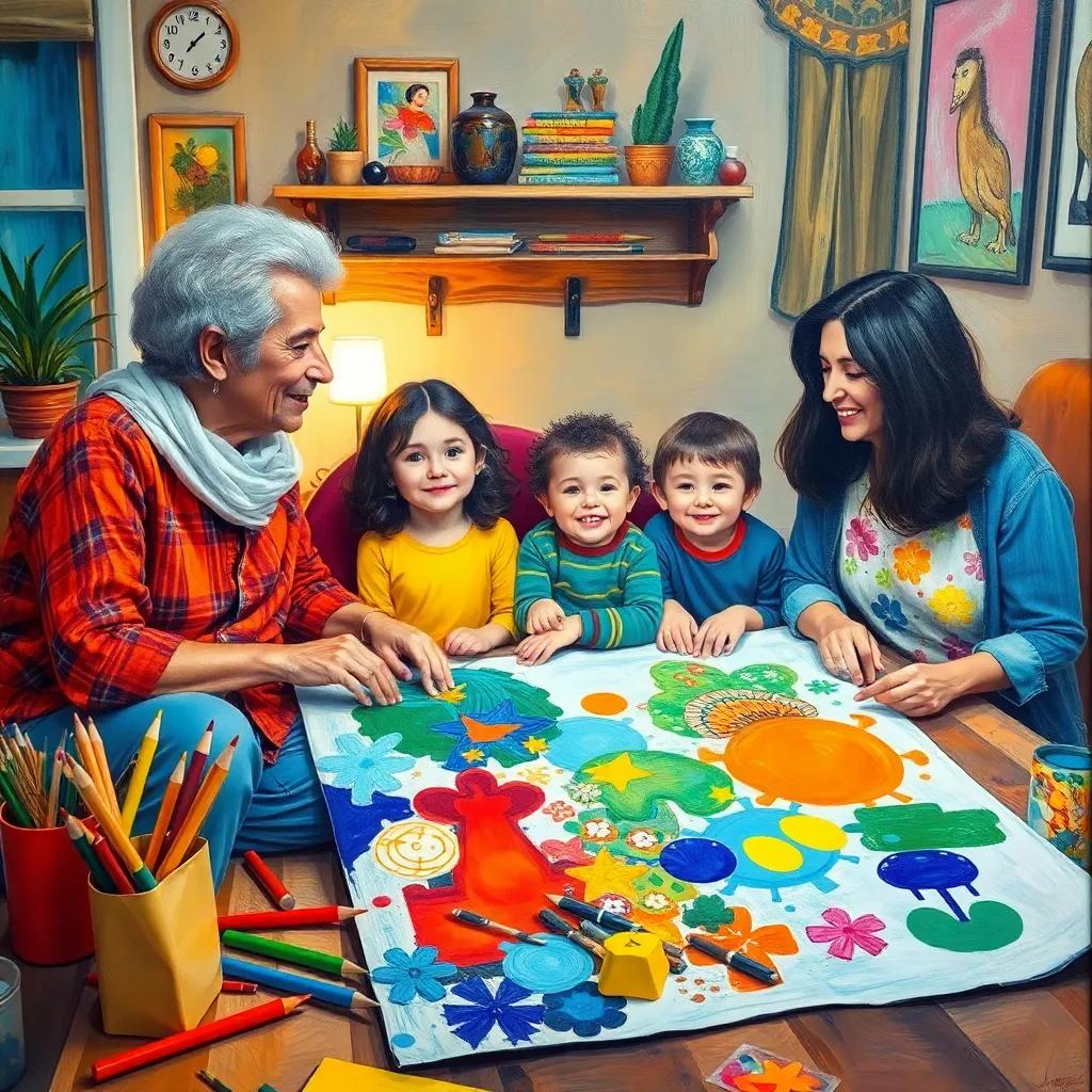 A warm and colorful scene showing Youssef's mother suggesting to make a family collage, with a large colorful paper in front of them, with various art supplies scattered around, joyful atmosphere, friendly