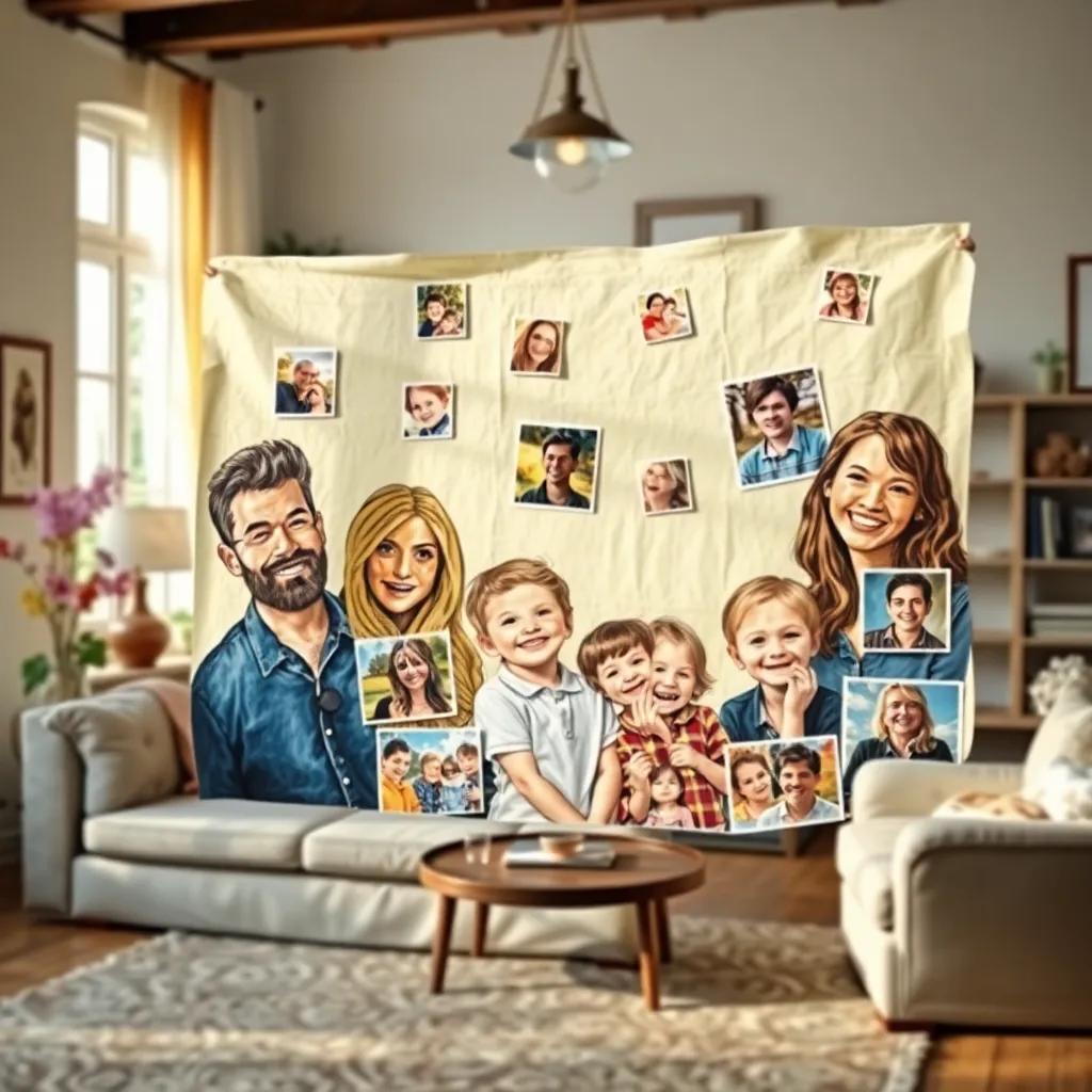 A large colorful paper with family photos pasted on it, showing smiles and happiness, placed in a cozy decorated room, bright and inviting light, high quality