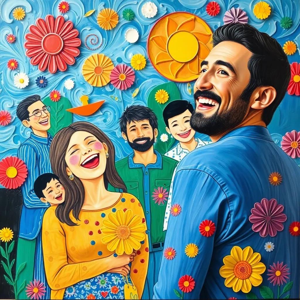 Youssef joyfully observing the completed collage, filled with laughter and smiles, colorful decorations and bright colors, vibrant and cheerful