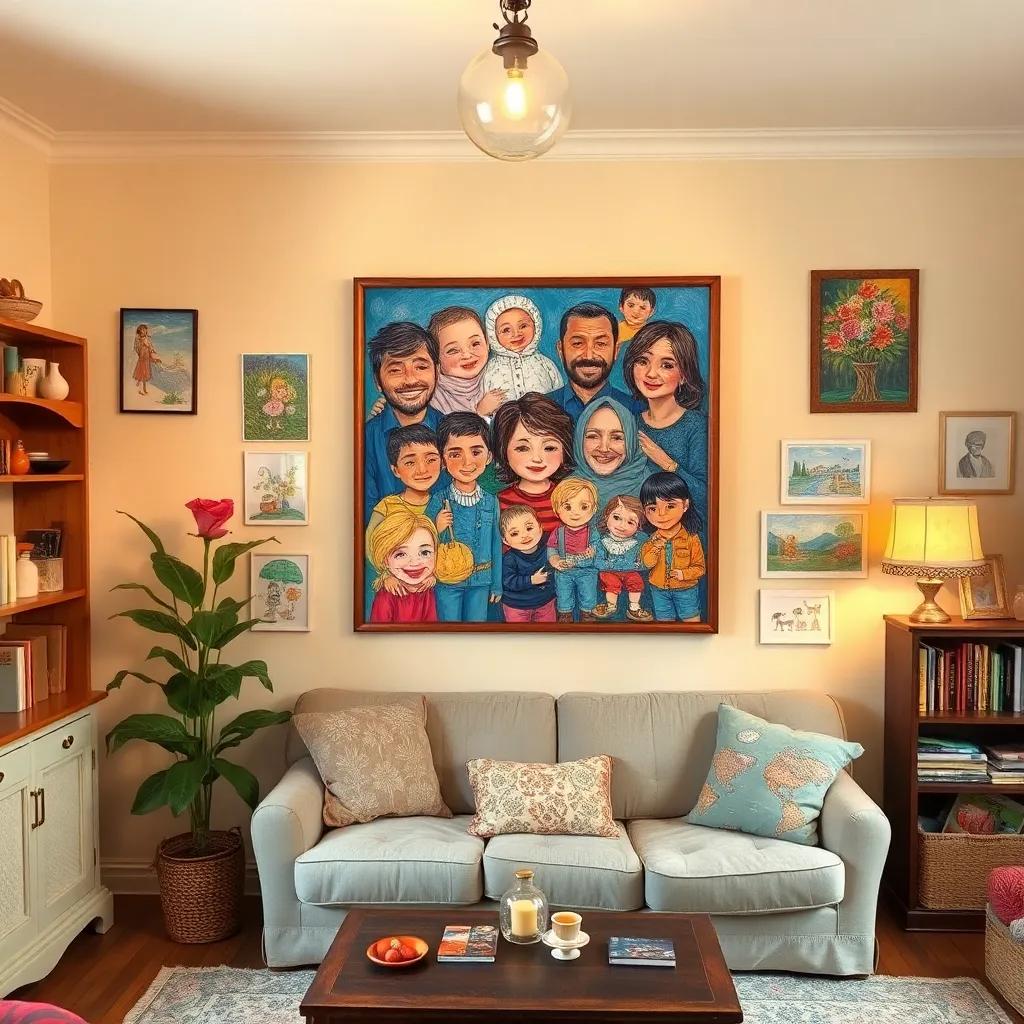 A cozy room with a beautiful family collage hanging on the wall, decorated with cheerful drawings and warm lighting, welcoming atmosphere, detailed
