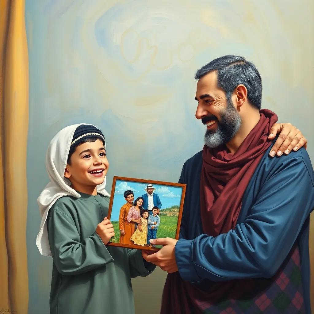 Youssef, a young Arab boy, cheerful and proud, showing the family collage to his father who looks impressed, family love, bright and joyful, high quality illustration