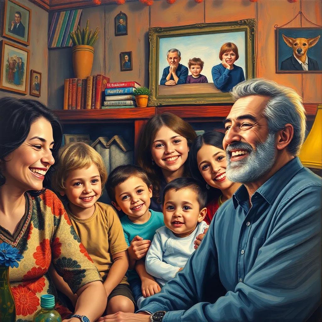 A joyful scene with Youssef's father smiling at the family collage, warm family atmosphere, love and happiness in the room