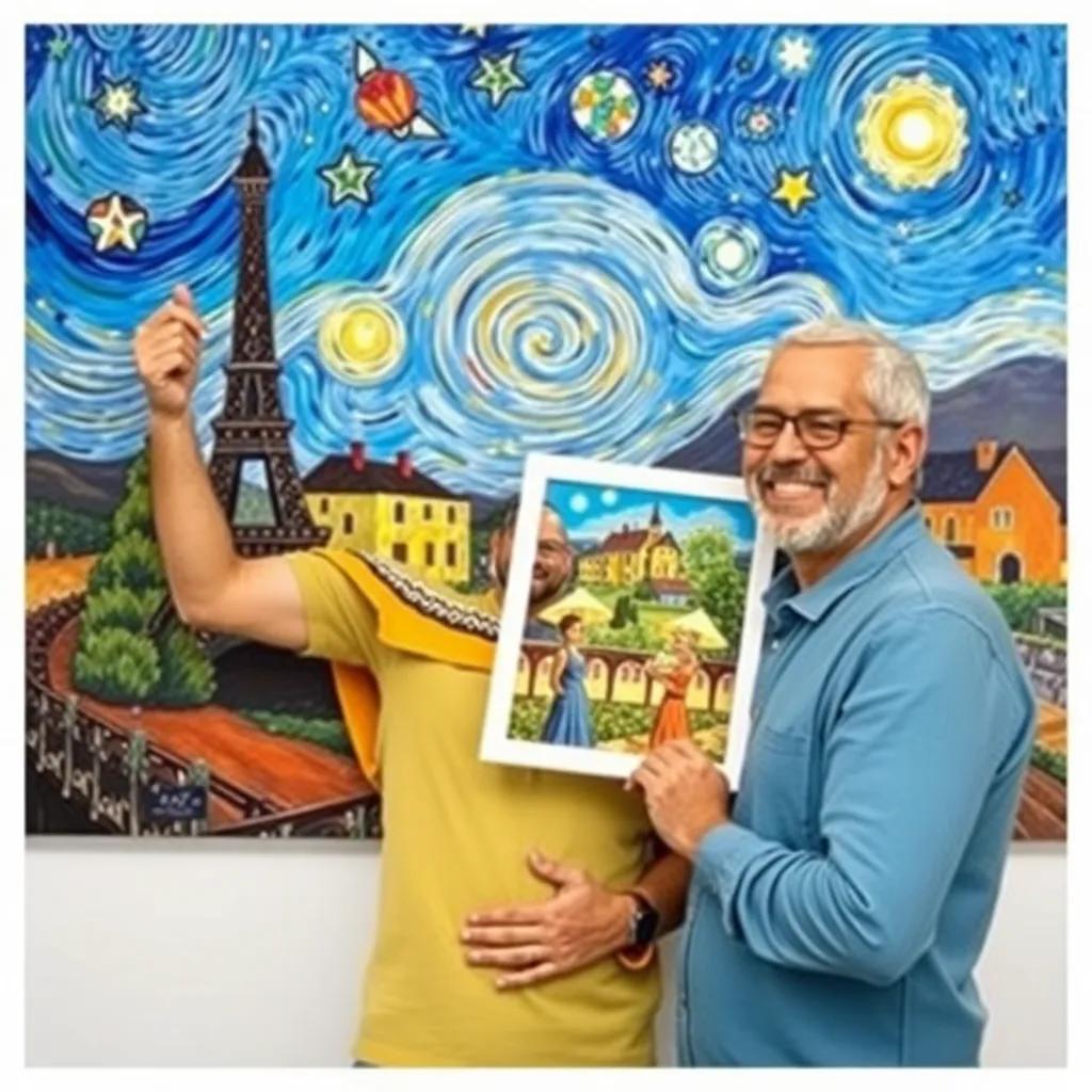 Youssef happily adding a new picture to his family collage, a sense of accomplishment and joy, bright and colorful, uplifting scene