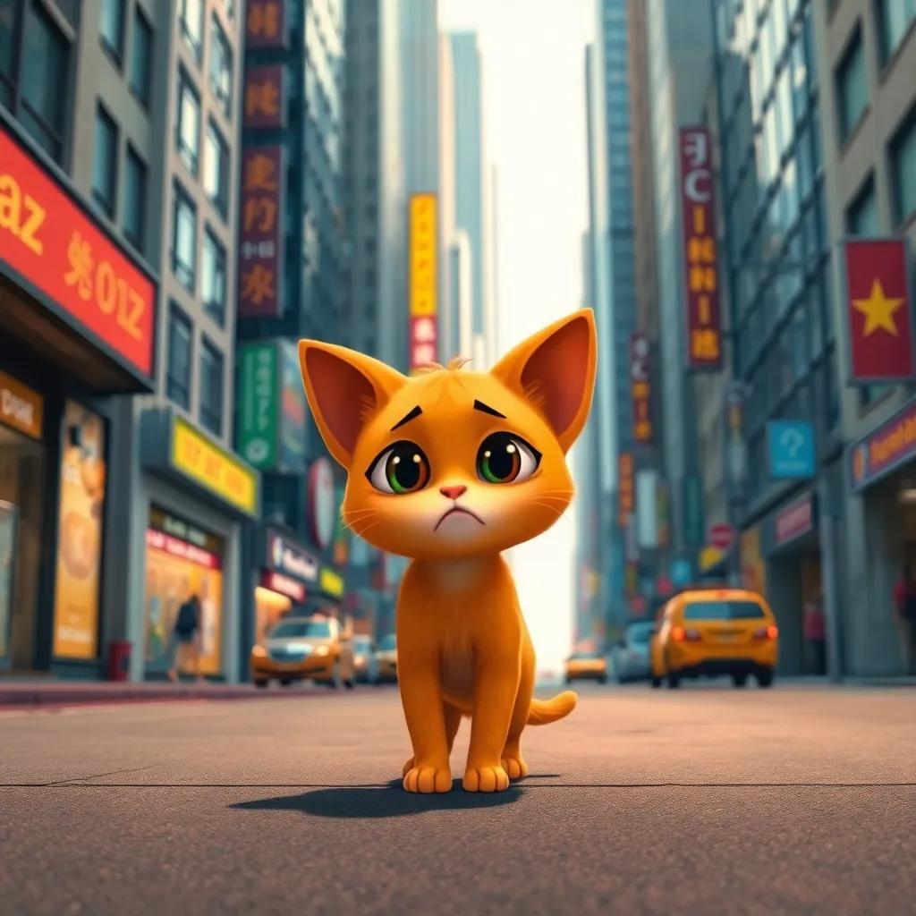 A small orange cat, Loaz, wandering through busy city streets, looking sad and hungry, with tall buildings and colorful signs around, child-friendly, warm colors, urban setting, digital art