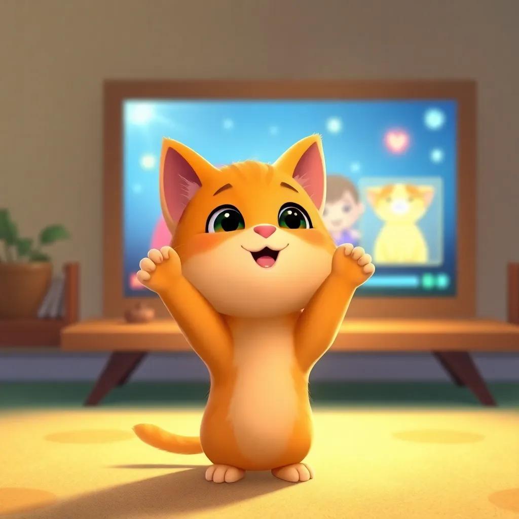 A small orange cat, Loaz, raising his tiny paws towards a bright screen showing fun videos, filled with joy and hope, glowing light illuminating him, soft colors, charming atmosphere, children's illustration
