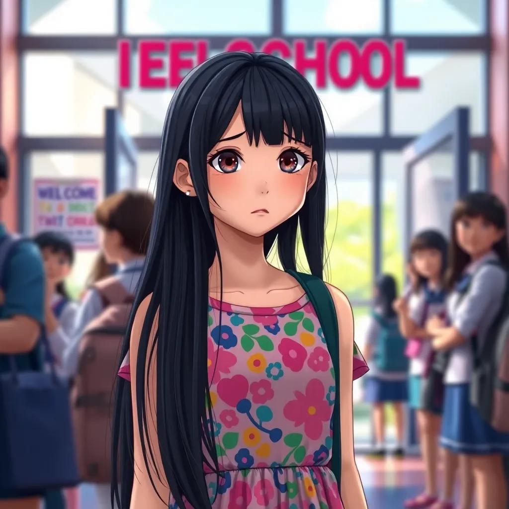 A girl named Loukin, with long dark hair and wearing a colorful dress, looking nervous at the entrance of a new school, students around her, bright atmosphere, digital art, colorful, welcoming background, high quality