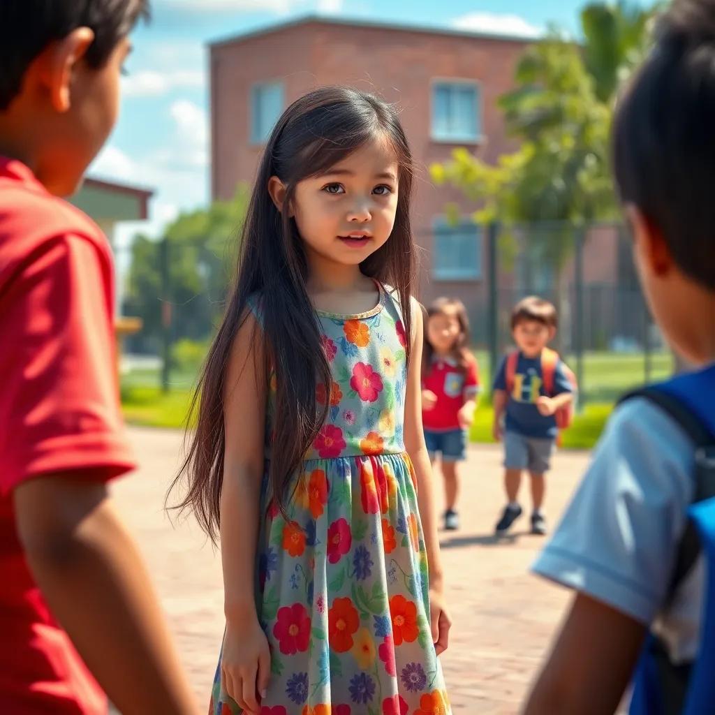 Loukin, a girl with long dark hair in a colorful dress, standing bravely against a bully in the schoolyard, the bully is surprised, other kids looking on, action scene, vibrant colors, dynamic composition, high quality