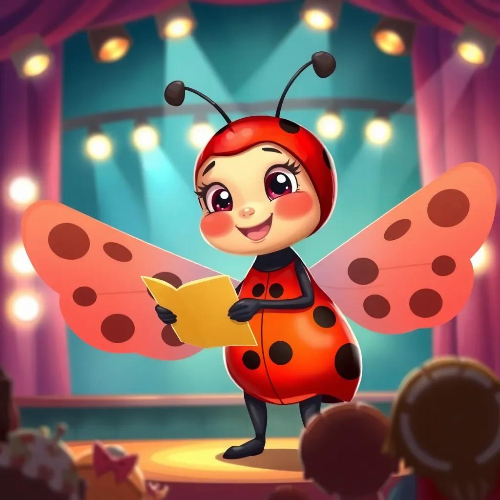 A cheerful ladybug, Lulu, with shiny red wings and black spots, standing on a stage with bright lights, presenting a story to the audience, digital art, vibrant colors, welcoming atmosphere, high quality