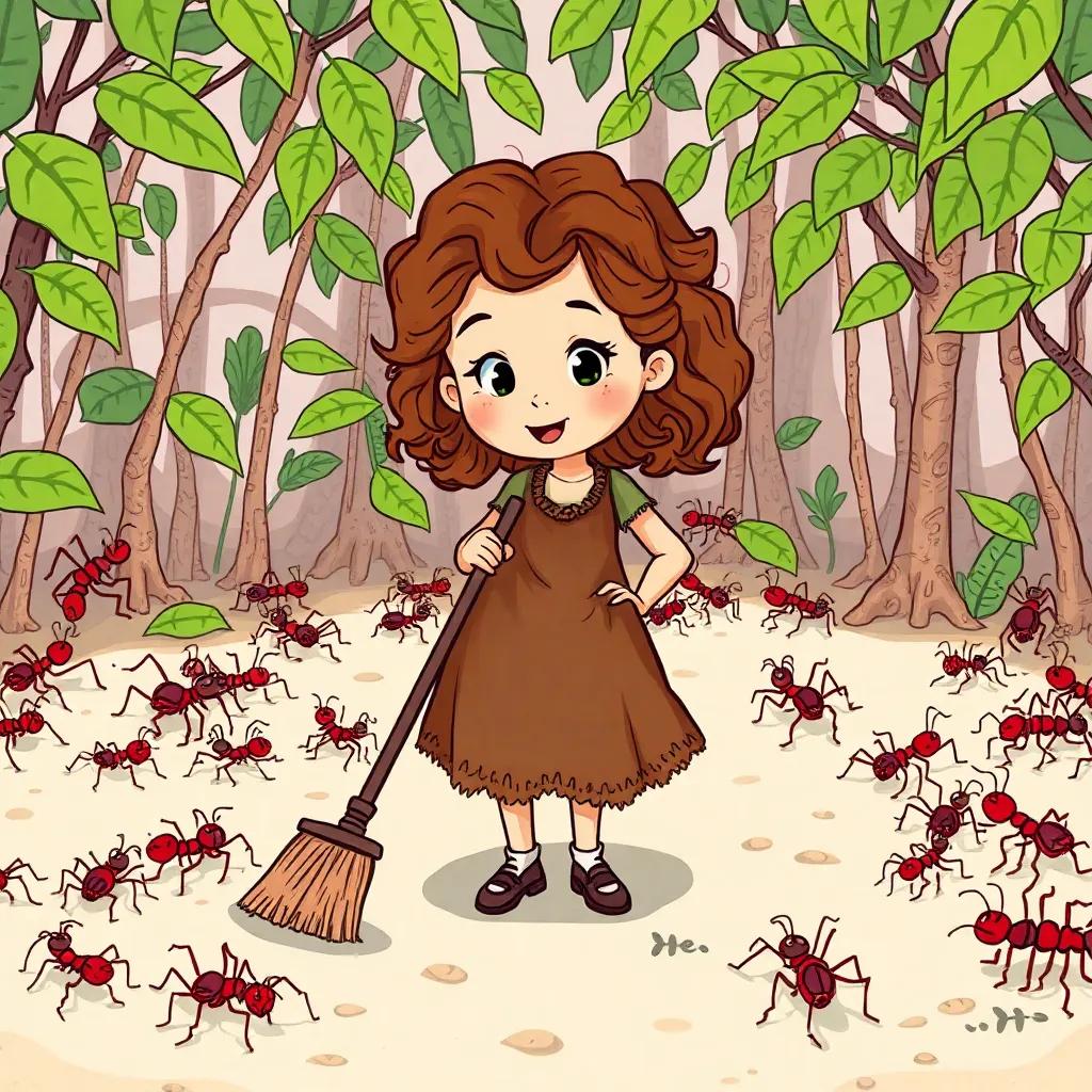A kind girl, Cinderella, with curly brown hair and a ragged dress, sweeping the floor in an ant farm surrounded by ants and spiders, cartoon style, colorful and funny, cheerful scene, high quality
