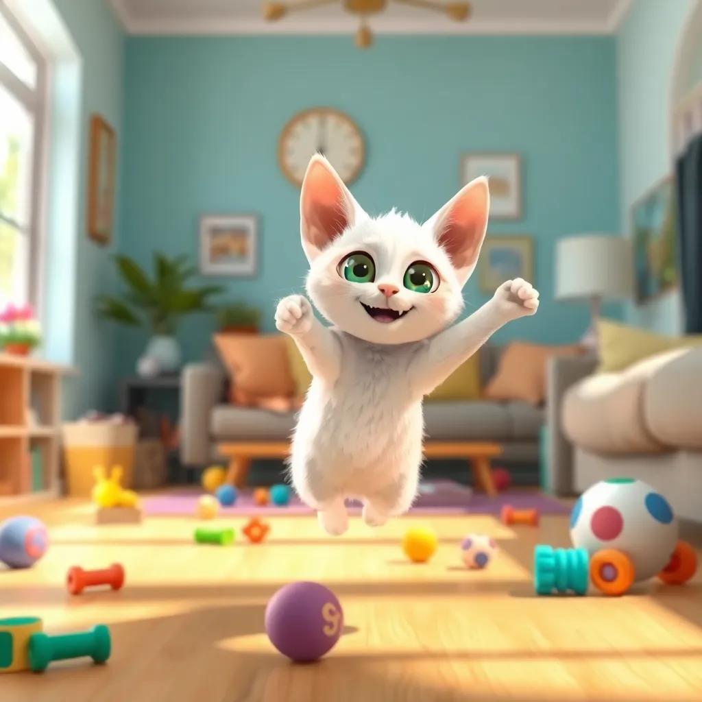A playful cat, Lolo, with soft white fur and big green eyes, jumping with excitement in a bright living room, colorful toys scattered around, cheerful and inviting atmosphere, digital art, vibrant colors, joyful scene, high quality