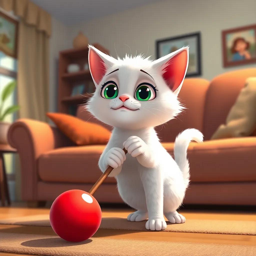 Lolo, a playful cat with soft white fur and big green eyes, using a short stick to pull a bright red ball from under a sofa in a cozy living room, warm light, playful vibe, detailed illustration, heartwarming