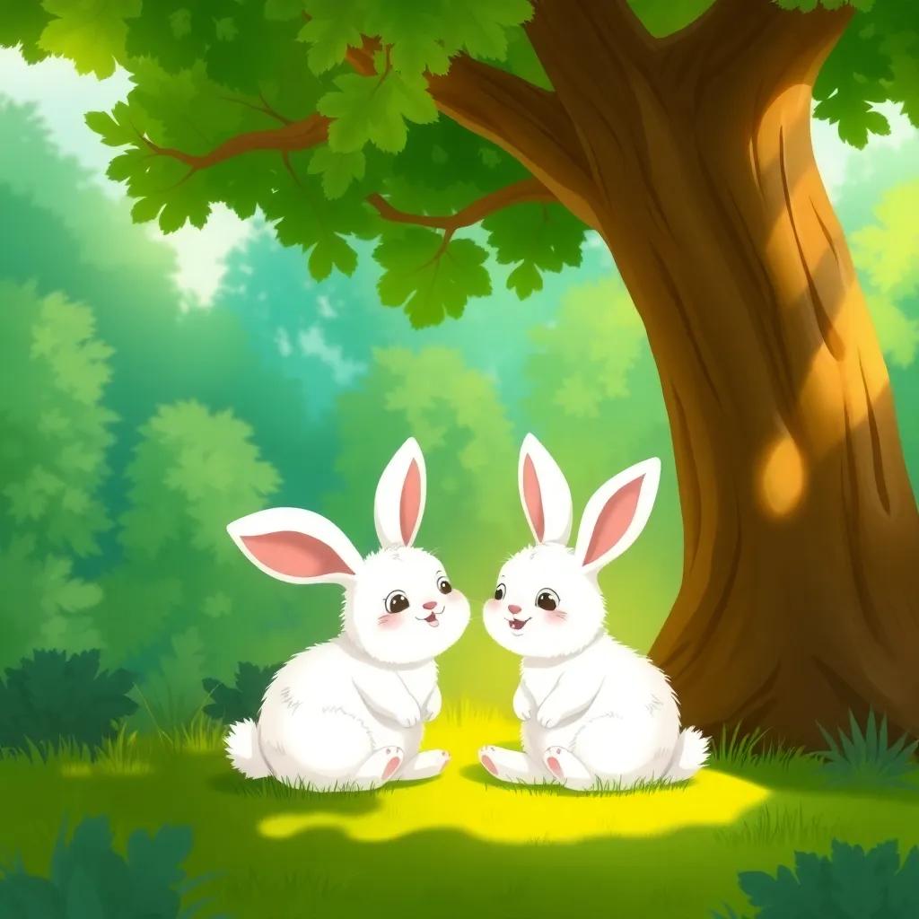 A small rabbit named Lulu, with fluffy white fur and big ears, sitting happily under a large tree in a green forest, having a conversation with its dad, smiling, warm light, vibrant colors, joyful atmosphere, digital art, high quality