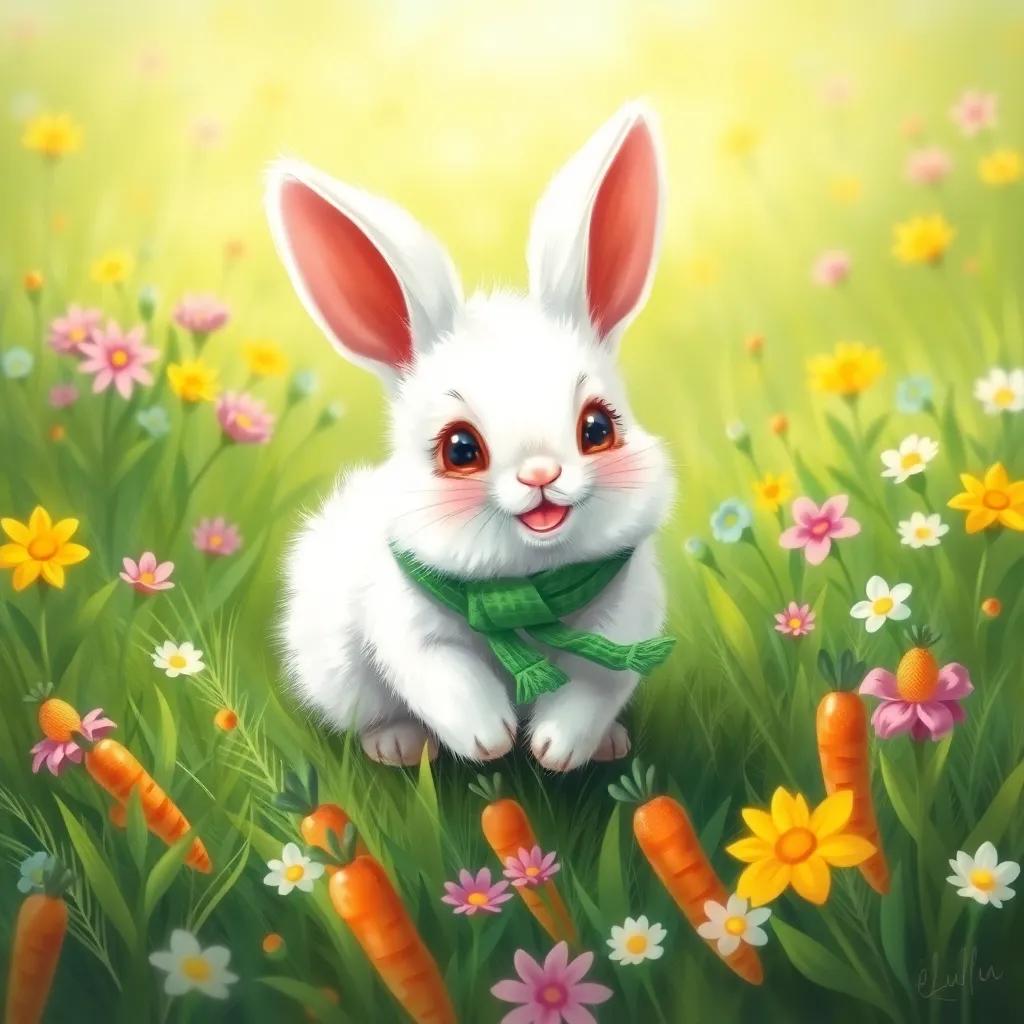 A small, happy rabbit named Lulu with fluffy white fur, wearing a tiny green scarf, playing in a bright green field filled with colorful carrots and flowers, cheerful atmosphere, vibrant colors, digital art, child-friendly, imaginative