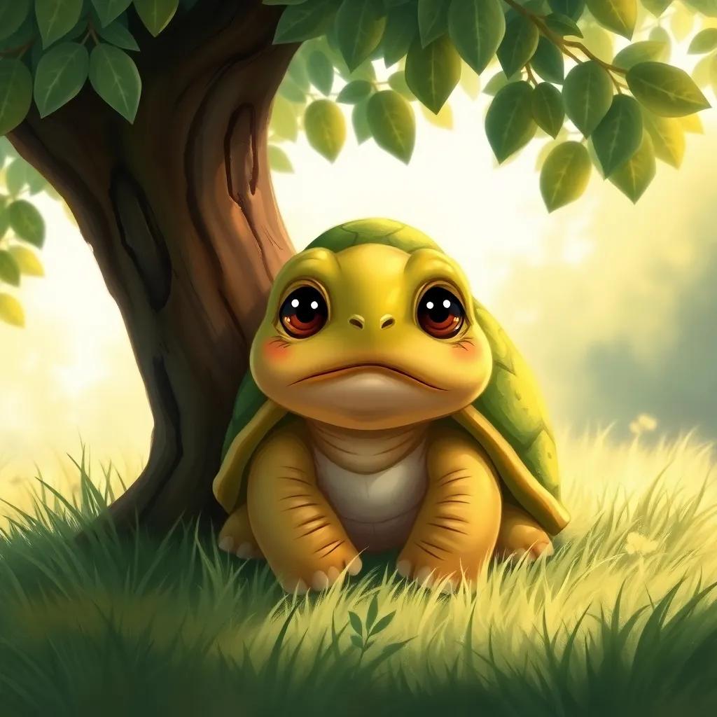 A sad turtle named Sami with a green shell and big eyes, sitting under a big tree with a frown, surrounded by soft green grass, warm sunlight filtering through leaves, heartfelt moment, illustration, warm colors, inviting scene