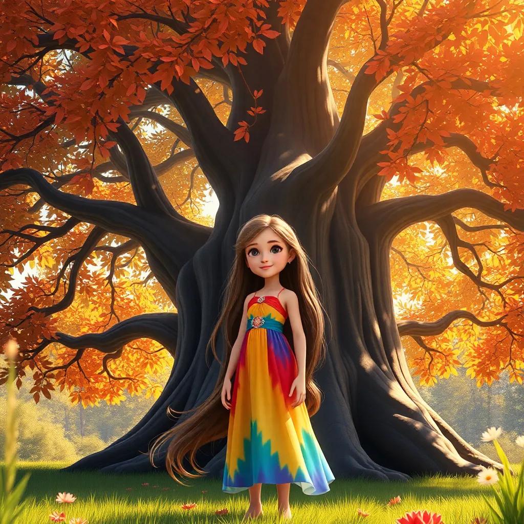A young girl, Luna, with long, flowing hair, wearing a colorful dress, standing in front of a large, vibrant tree with shimmering leaves under the sunlight, digital art, bright colors, magical atmosphere, inviting scene, high quality