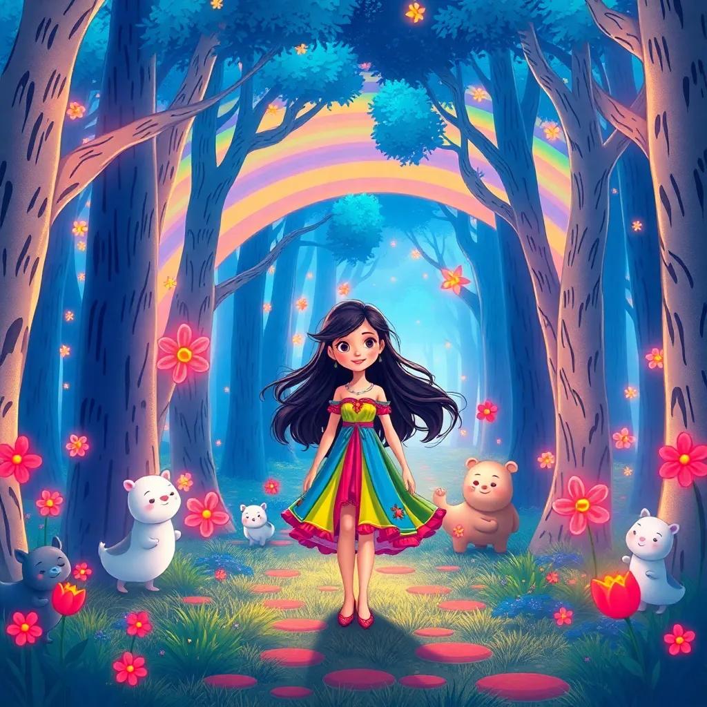 Luna, a young girl with long, flowing hair, wearing a colorful dress, entering the magical Rainbow Forest filled with blue trees and glowing red flowers, cheerful animals around, illustration, vibrant and colorful, friendly vibe, high quality