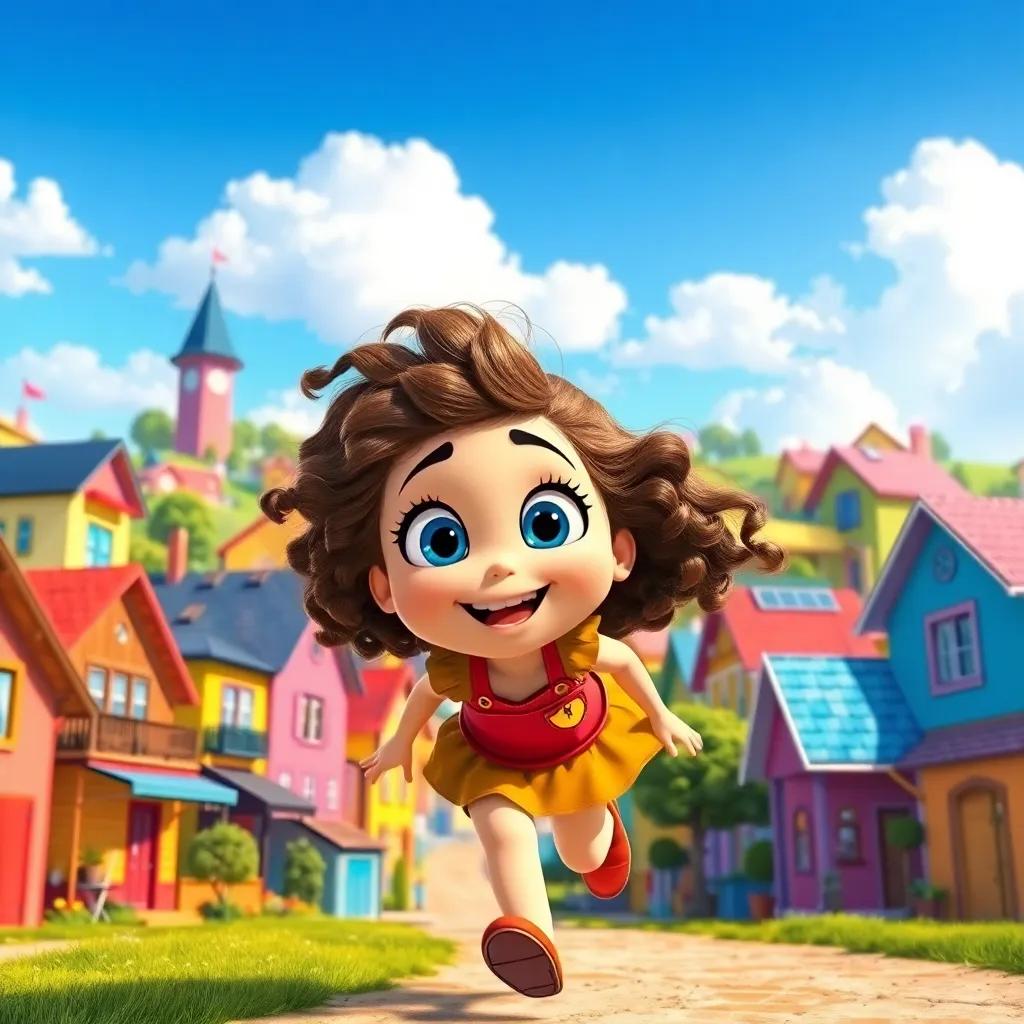 A bright village with colorful houses under the blue sky, a curious girl named Luna with curly brown hair and wide blue eyes, excitedly running through the village, digital art, vibrant colors, cheerful atmosphere, high quality