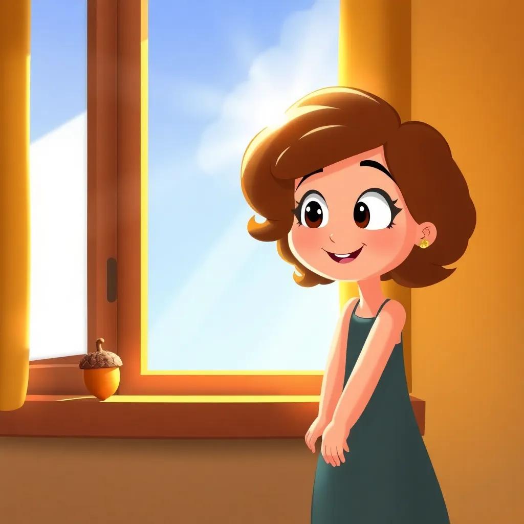 A sunny room with a shiny acorn on the windowsill, Luna looks surprised, with her curly brown hair and a bright smile, light streaming in, illustration, warm light, happy sense, colorful
