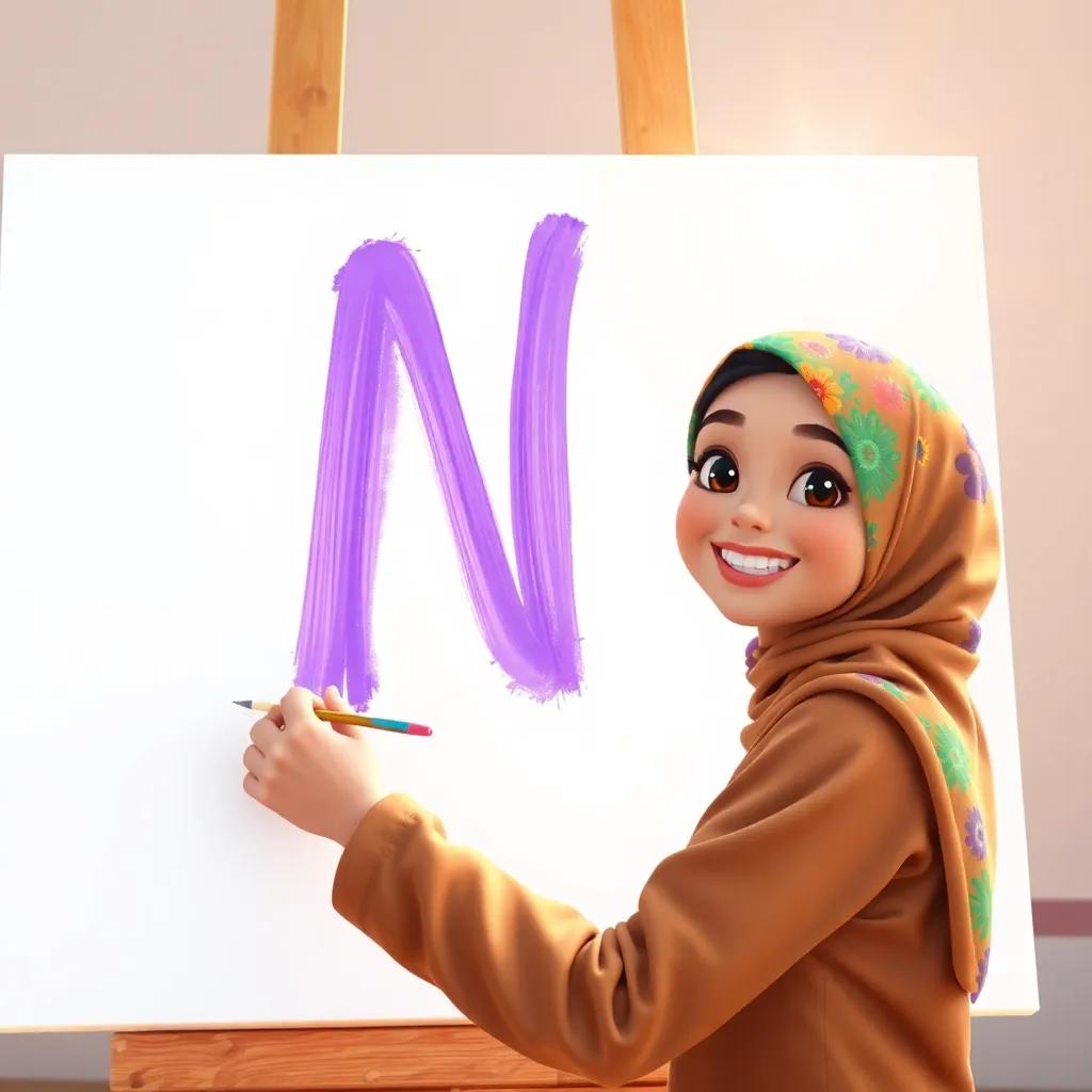 Nida, a young girl with a colorful hijab, painting the letter N in purple on a large white canvas, with a big smile on her face, sun shining brightly, playful vibe, digital art, warm light, high detail