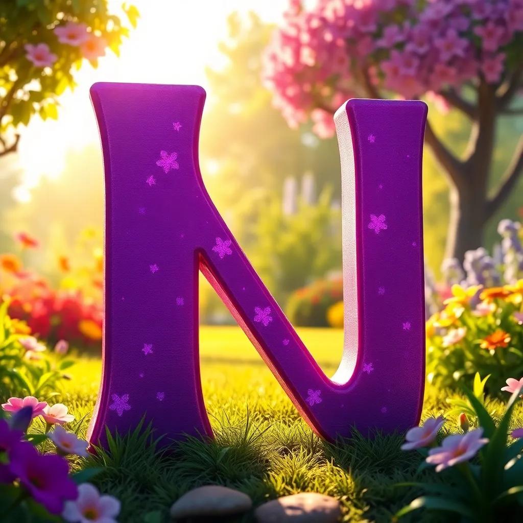 Nida's painted letter N in purple, glimmering in the sunlight, set against a backdrop of bright colors and greenery in the garden, inviting view, colorful illustration, fantasy atmosphere, high quality