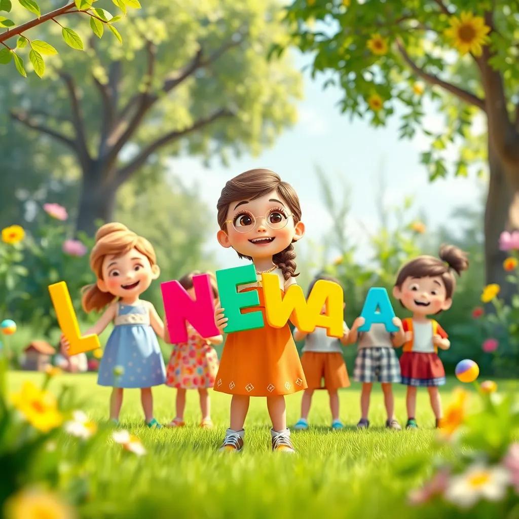 Nida standing proudly with her friends in the garden, everyone holding their brightly colored letters, filled with joy and laughter, sunny day, friendship theme, digital art, cheerful ambiance, vibrant colors