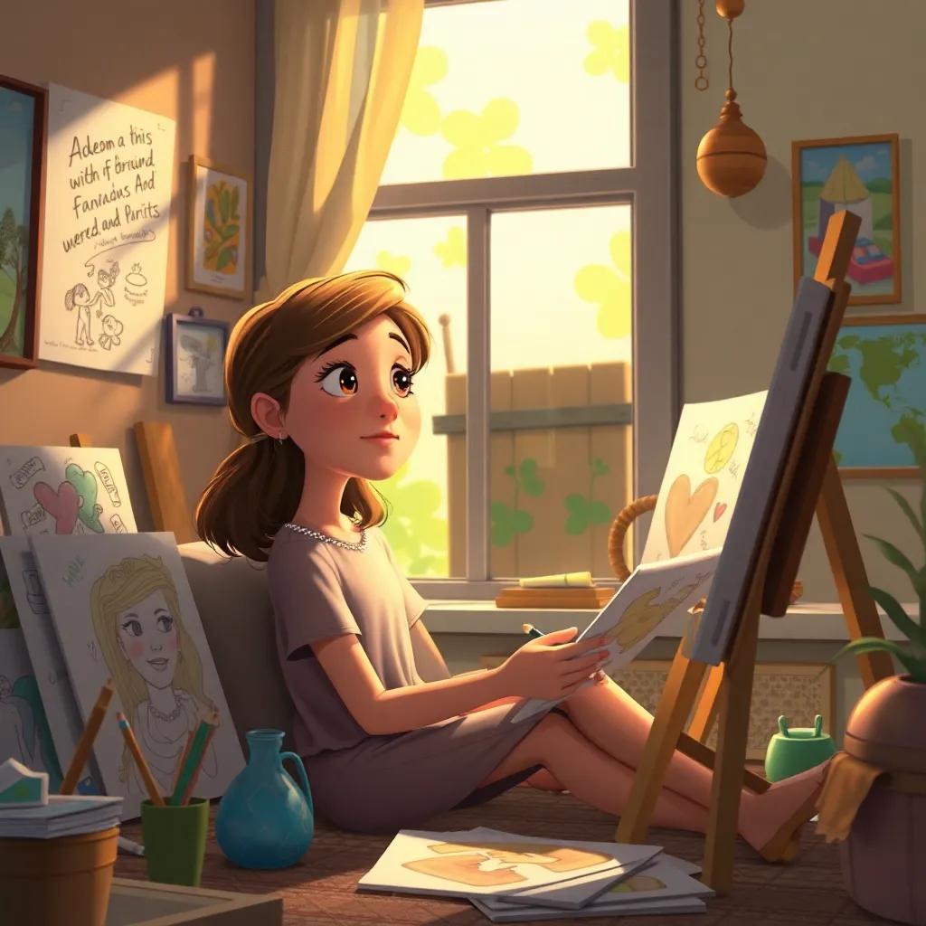 Nida at home, dreaming of being a famous artist, surrounded by her colorful drawings and paintings, soft warm light filtering through the window, cozy atmosphere, imaginative illustration, high detail