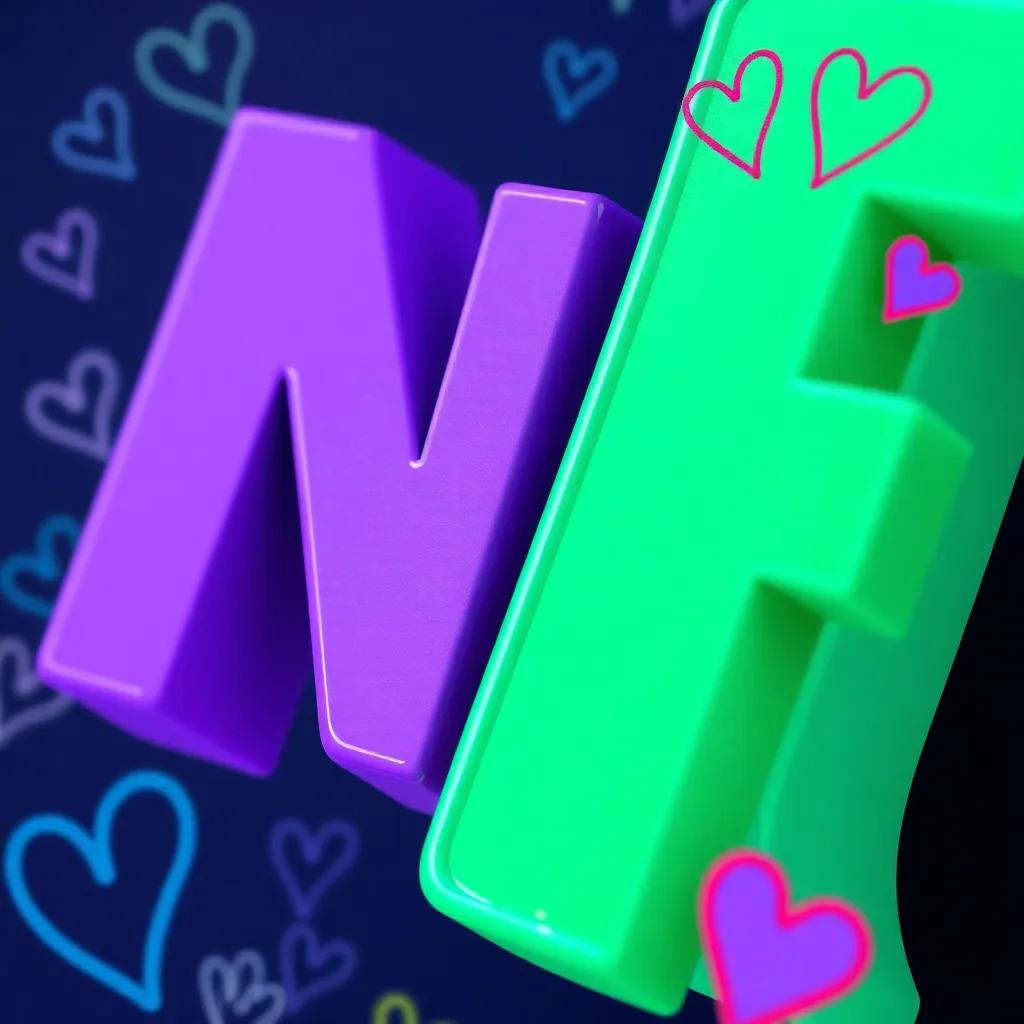 A close-up of the colorful letters N and F, in vibrant colors of purple and green, surrounded by drawings of hearts and stars, showcasing imagination and creativity, artistic style, playful and colorful