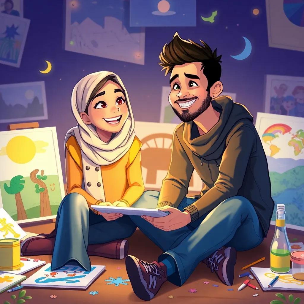 Nadi and Sami sitting on the ground, surrounded by their artwork, sharing ideas, bright smiles, lively and imaginative, digital painting, joyful atmosphere